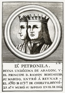 Raimond Berenger IV av Barcelona och Petronilla drottning av Aragon, gravyr. av Unbekannt