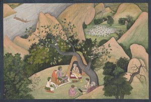 Rama, Sita och Lakshmana vid Eremitaget i Bharadvaja: Illustrerad folio från..., ca. 1780. av Unbekannt