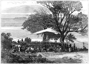 Läser ultimatumet på stranden av Tugela, Zulukriget i söder, 1879 av Unbekannt