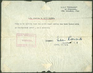 Kvitto för ett före detta japanskt svärd, HMS Venerable, Singapore, 1946 av Unbekannt