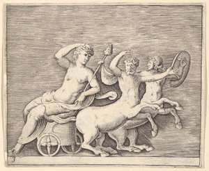 Liggande kvinnlig figur på en vagn tecknad av två kentaurer, publicerad ca. 1599-1622. av Unbekannt