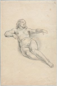 Liggande kvinnlig naken recto, olika skisser av figurer och växter verso, 1800-talet.