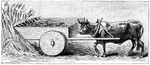 Rekonstruktion av skördemaskin som användes i Gallien i antik romersk tid, enligt beskrivning av Plinius, c1890 av Unbekannt