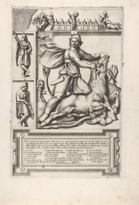 Relief med Mithras som knäböjer på en tjur och driver ett svärd i dess axel, till vänster två..., 1564. av Unbekannt