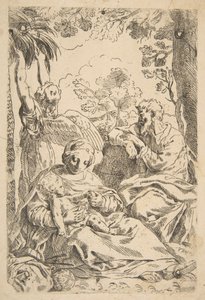Vila i Egypten, den heliga familjen sitter medan en ängel drar i trädgrenen..., ca. 1637-1639 eller senare. av Unbekannt