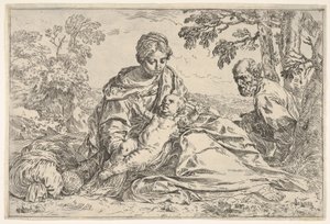 Vila på flykten till Egypten, Maria håller spädbarnet Kristus med St. Josef..., ca. 1640 eller senare. av Unbekannt