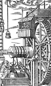 Vändbar hiss för att lyfta upp läderhinkar från ett gruvschakt, 1556 av Unbekannt