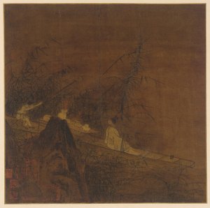 Flodscen: en båt bland vild bambu, Mingdynastin, 1368-1644. av Unbekannt