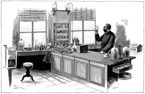 Robert Koch 1843-1910, tysk bakteriolog och läkare i sitt laboratorium av Unbekannt