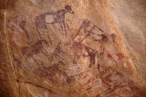 Bergkonst, förhistoria: Målning av en grupp nötkreatur och karaktärer i ett utsmyckat skydd, i Uweinat-massivet, Sudan (Karkur-Talh eller Karkur Talh). Period från 8000 till 3000 år f.Kr. Fotografi av Unbekannt