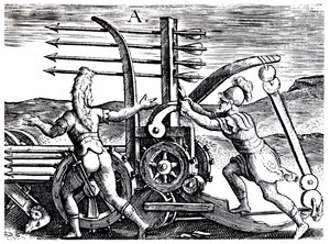 Romerska soldater som använder en krigsmotor som avfyrar flera pilar, 1605 av Unbekannt