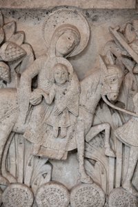 Romansk basrelief från huvudstaden vid Autun-katedralen som visar flygningen till Egypten, Autun, Frankrike av Unbekannt