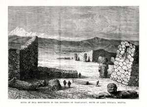 Ruinerna av inkamonumentet i omgivningarna av Tiahuanacu, söder om Titicacasjön, Bolivia, 1877 av Unbekannt
