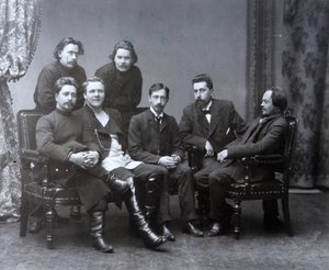 Den ryske författaren Maxim Gorky i litteraturgruppen Sreda Wednesday, 1902 av Unbekannt