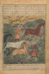 Rustam fångar hästen Rakhsh, Folio från en Shahnama Kings Book..., sent 1400-tal. av Unbekannt
