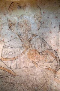 Saint-Claude, Jura, Frankrike, le 31/8/2015 - St Claude Abbey Museum. Kristus i härlighet. Målning. 1400-talet. av Unbekannt