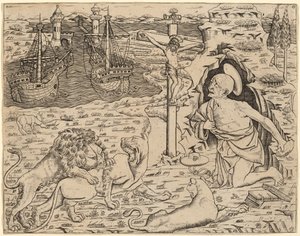 Saint Hieronymus i botgörelse, med två skepp i en hamn, ca. 14801500. av Unbekannt