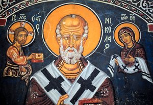 Sankt Nikolaus omger Kristus och Maria Bysantinsk fresk från 1300-talet (1332) Nathex, södra väggen Phorbiotissa Jungfrukyrkan, Asinou Unesco-plats Troodos-regionen, Cypern av Unbekannt