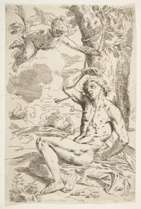 Saint Sebastian genomborrad med pilar och bunden till ett träd, kopia efter Cantarini, ca. 1639 eller senare. av Unbekannt