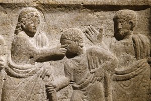 Saint Victor-klostret, Marseille. Sarkofagdetalj: Jesus botar en blind man. Frankrike av Unbekannt
