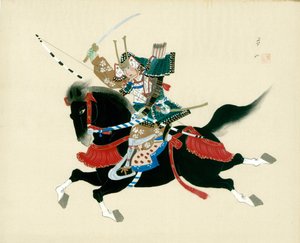 Samurai Warrior rider en häst. En japansk målning på siden, i traditionell japansk stil av Unbekannt