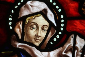 San Jeronimos kyrka. Färgatglas. Jungfru Maria Madrid Spanien av Unbekannt