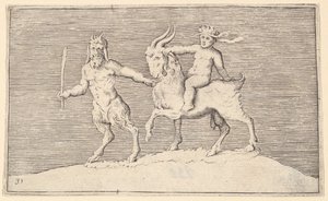 Satyr Leading Goat som ett spädbarn rider på, publicerat ca. 1599-1622. av Unbekannt