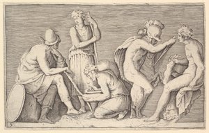 Scene of Sacrifice med Warrior Killing Ram och fyra andra figurer, publicerad ca. 1599-1622. av Unbekannt