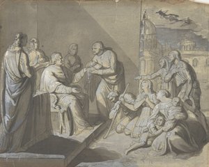 Scen med presentationen av en helgonrelik recto, en kvinnas huvud, 1800-1900. av Unbekannt