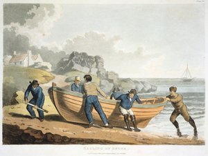 Sjömän som drar en klinkbyggd jolle upp på stranden, 1821 av Unbekannt