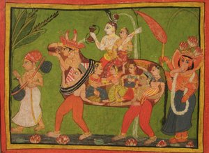 Shiva och Parvati på en sammansatt ko gjord av sammansatta kvinnor av Unbekannt