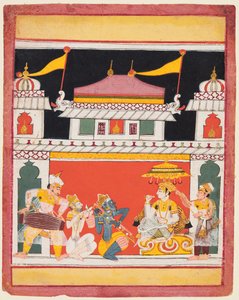 Shri Raga, från en Ragamala-serie, Tre musiker uppträder inför en adelsman, ca. 1650. av Unbekannt