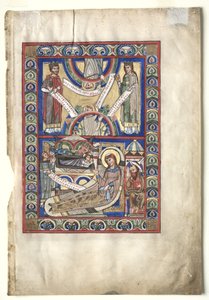 Enkelt blad utskuret ur en evangeliebok: Födelsedagen recto och St. Matteus verso, ca. 1190. av Unbekannt
