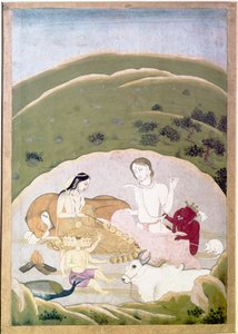 Siva och Parvati med sina barn, Ganesh och Karttikgya på berget Kailash, c1745 av Unbekannt