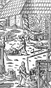 Smältjärn och hammarstänger med en mekanisk hammare, 1556 av Unbekannt
