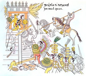 Spanska conquistadorer med sina inhemska Tlaxcalan-allierade attackerar ett aztekiskt tempel, 1500-talet av Unbekannt