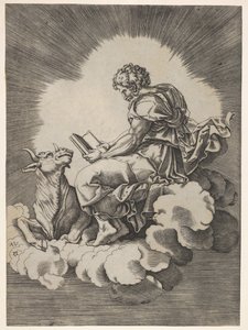 St Luke, sittande på ett moln med en öppen bok i båda händerna, en tjur som ligger på hans avgift..., efter 1518. av Unbekannt