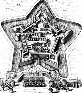 Star Fort försvaras av en vallgrav under belägring, 1617-1619 av Unbekannt