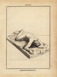 Staty av Hermafroditus, grekisk gud av fackföreningar, androgyni, äktenskap, sexualitet, liggande på en säng av Unbekannt