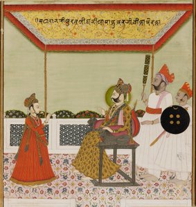 Surat Singh sitter på en lejonbeväpnad tron och tar emot sin unge son, c1800 av Unbekannt