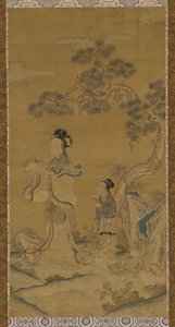 Gobeläng: en daoistisk kvinna odödlig och skötare under en tall, Mingdynastin, 1368-1644. av Unbekannt