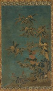 Gobeläng: fruktträd och stockrosor, Mingdynastin, 1368-1644. av Unbekannt