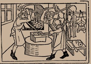 Konsten att smide. Från Speculum Vitae Humanae av Rodericus Zamorensis, 1479. av Unbekannt