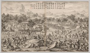 Slaget vid Elei Zhalatu: från Battle Scenes of the Quelling of Rebellions...c. 1765-1774. av Unbekannt