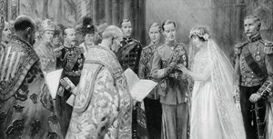 Hertigen av York placerar ringen på Lady Elizabeth Bowes-Lyons finger, 26 april 1923, 1937 av Unbekannt