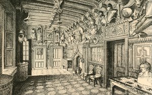 Entréhallen. -Längs väggen finns många kostymer av gammal rustning., 1882. av Unbekannt