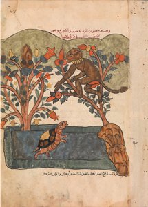 Apan flyr till fikonträdets säkerhet, Folio från en Kalila wa Dimna, 1700-tal. av Unbekannt