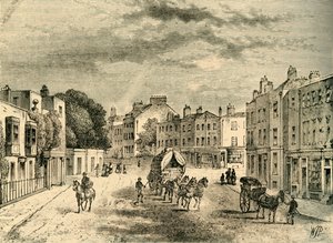Den gamla byn Vauxhall, med ingången till trädgårdarna, 1825, c1878. av Unbekannt