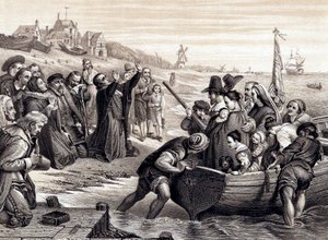 Pilgrimsfäderna lämnar Delft Haven på sin resa till Amerika, juli 1620 1878 av Unbekannt