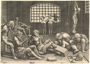 Fängelset, en grupp män i en fängelsehåla bundna i kedjor och bojor, till höger en figur....n.d. av Unbekannt